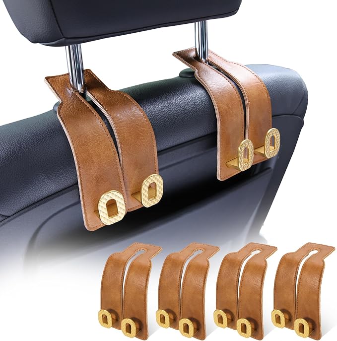 Car Headrest Hooks Universal Car Purse Hook Premium Leather and Alloy Twin Hook Car Seat Back Storage Hanger Hook for Purse Bags Cloth Drink Durable Holder Car Accessories (BH09-Brown-Gold-4 Pcs) by GELVTIC