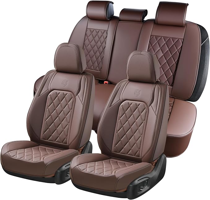 Coverado Car Seat Covers Full Set, Luxury Faux Leather Waterproof Seat Cover, Front and Back Car Seat Protector, Universal 5 Seat Leather Seat Cushion, Carseat Cover Fit Most Cars, Coffee by COVERADOAUTO