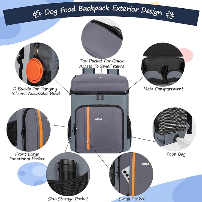 ANILD Dog Travel Bag Backpack, Flight-Ready TSA-Approved Dog Travel Bag with 2 Leak-Proof Food Canisters, 2 Foldable Silicone Bowls, Multi-Compartment Organizer for Hiking, Camping, Dog Mom Essentials - Image 3
