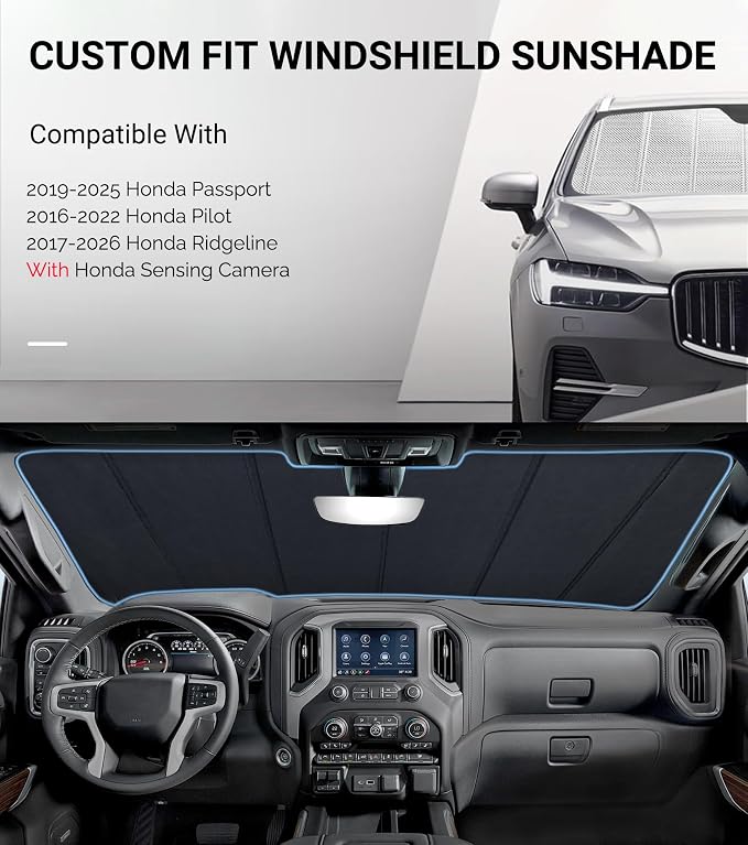Pigenius Windshield Sun Shade for Honda Passport 2019-2025, Pilot 2016-2022, Ridgeline 2017-2025 with Honda Sensing Camera. Reflective Aluminum Film Front Window Sunshade - BLAZBLOCK - Image 2