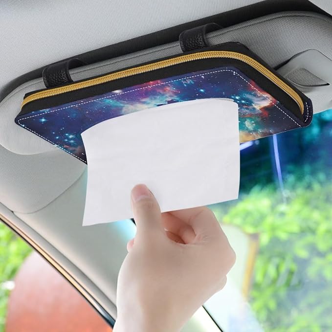 Biyejit 2 Pack Car Tissue Holder, Galaxy Space Print Hanging Napkin Case, PU Leather Tissue Box for Sun Visor, Backseat Decor - Image 3