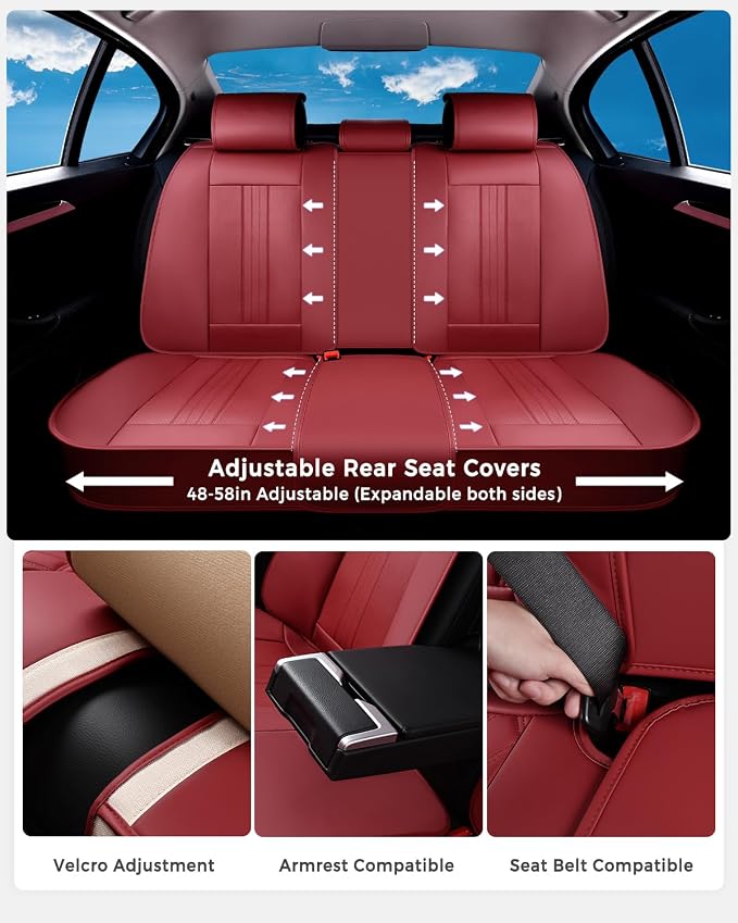 Huidasource Rear Car Seat Cover, Luxury Faux Leather Back Seat Cover, Velcro Adjustable, Compatible with Child Seat, Perforation Cooling＆Heating, Universal Fit for Most Cars, Vans, Trucks, SUVs, Red - Image 3