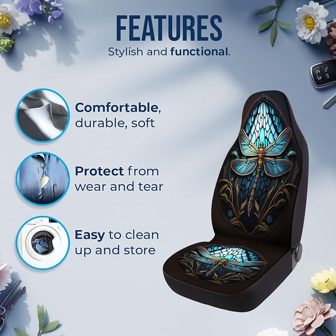 GENANY Dragonfly Car Seat Covers, 2-Piece Front Seat Set | 2-piece polyester front seat cover set, each 35 x 21 x 21 inches, with adjustable straps and hooks - Image 5