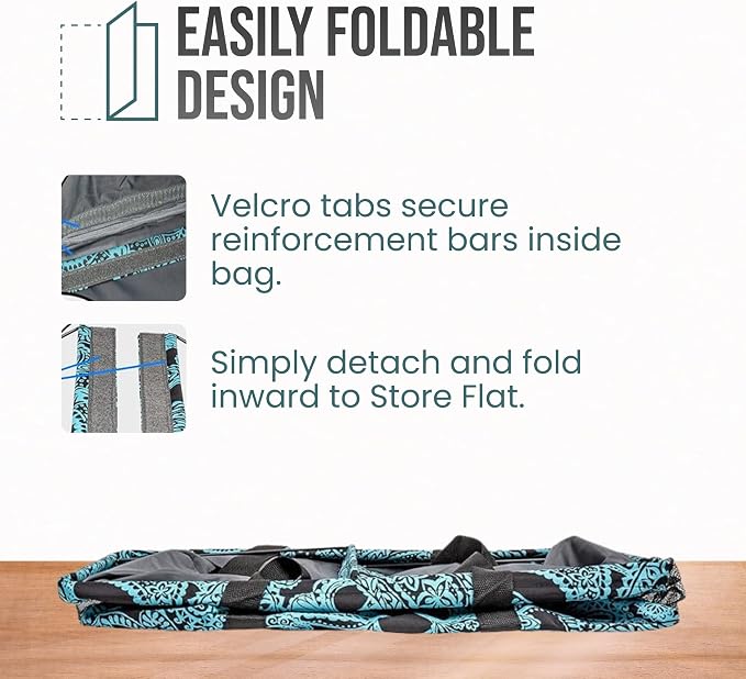 Extra Large Utility Tote Bag - Oversized Collapsible Reusable Wire Frame Rectangular Canvas Basket With Two Exterior Pockets For Beach, Pool, Laundry, Car Trunk, Storage - Paisley Blue - Image 6