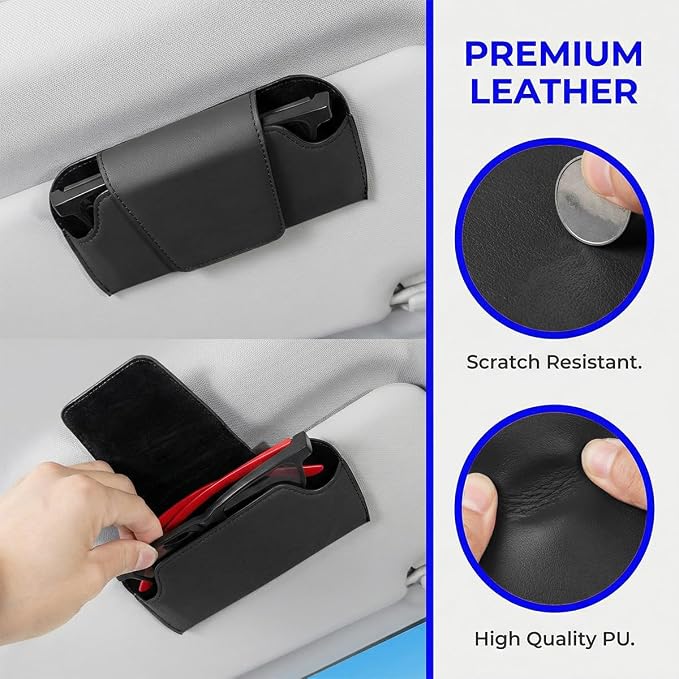 Sunglass Holder for Car Visor, PU Leather Magnetic Vehicle Glasses Organizer Box with Clips, Automotive Interior Eyeglasses Storage Case Accessories, Universal for Most Vehicles (Black) - Image 3