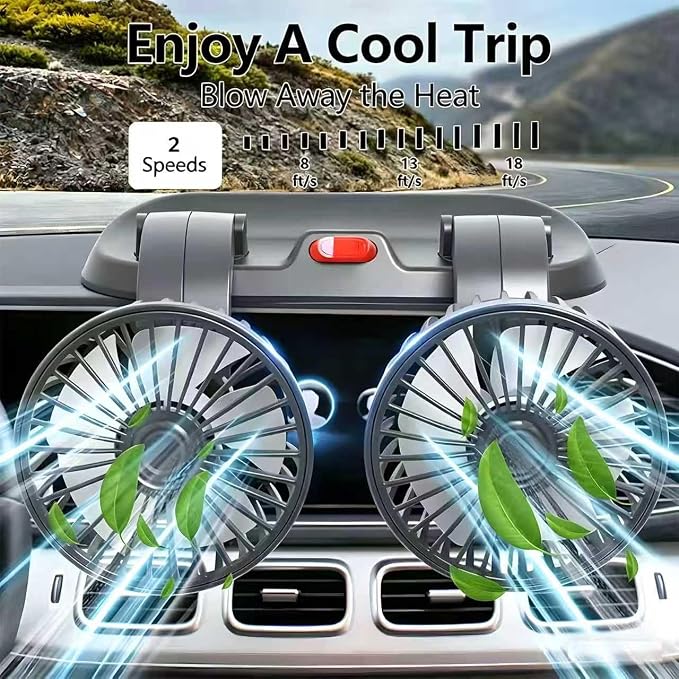 5V Dual Head Car Fan, Portable Vehicle Cooling Fan with 2 Speeds, 360° Rotatable Adjustable Dashboard Air Circulator for SUV, RV, Truck, Sedan, Cruise, Cigarette Lighter Powered USB Fan - Image 3