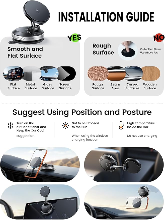 Lamicall 15W for MagSafe Car Mount Charger, 360° Wireless Car Phone Holder | Dual USB-C Ports Magnetic Phone Holder for Car, 70 LBS Vacuum Suction Phone Mount for iPhone 17 16 Pro Max Truck Jeep Silver - Image 7