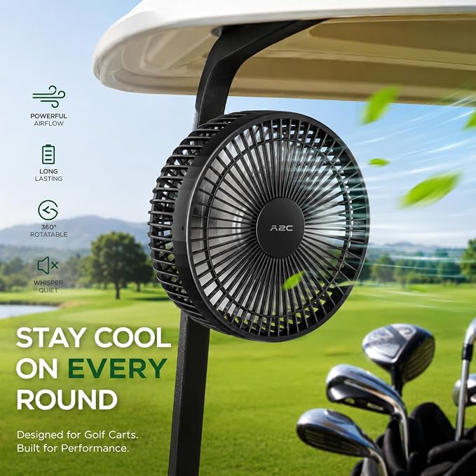 A2C Magnetic Rechargeable Fan for Golf Cart 7.5-Inch, Up to 28Hrs, 10000mAh | Battery Powered, Portable, 4 Speeds, Fits EZGO, Club Car, Yamaha Golf Cart Accessories Essentials Gifts for Men, Dad, Husband - Image 3
