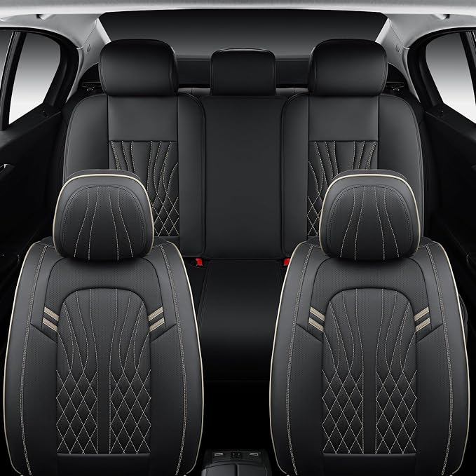 MINGBRON Leather Car Seat Covers 5 Pieces, Full Set Universal Seat Covers for Cars, Waterproof Nappa Leather Auto Seat Protectors, Black Car Seat Cover Most Sedans SUV Pick-up Truck Black&BeigeLine - Image 4