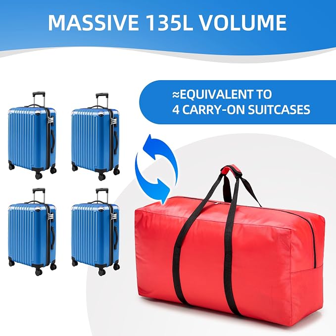 Extra Large travel duffel bag with Strong Handles, 135L Waterproof duffel bag, Durable Zippers, Extra Large Storage Totes for Space Saving and Moving Supplies, Red - Image 7