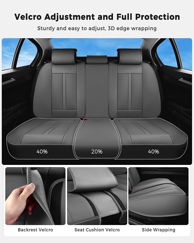 Huidasource Gray Back Seat Cover Luxury Nappa Leather, Rear Seat Cover with Velcro Adjustable, Ventilation Holes, Child Safety Seats, Back Seat Car Cover Universal Fit for Most Cars SUV Trucks, Gray - Image 8
