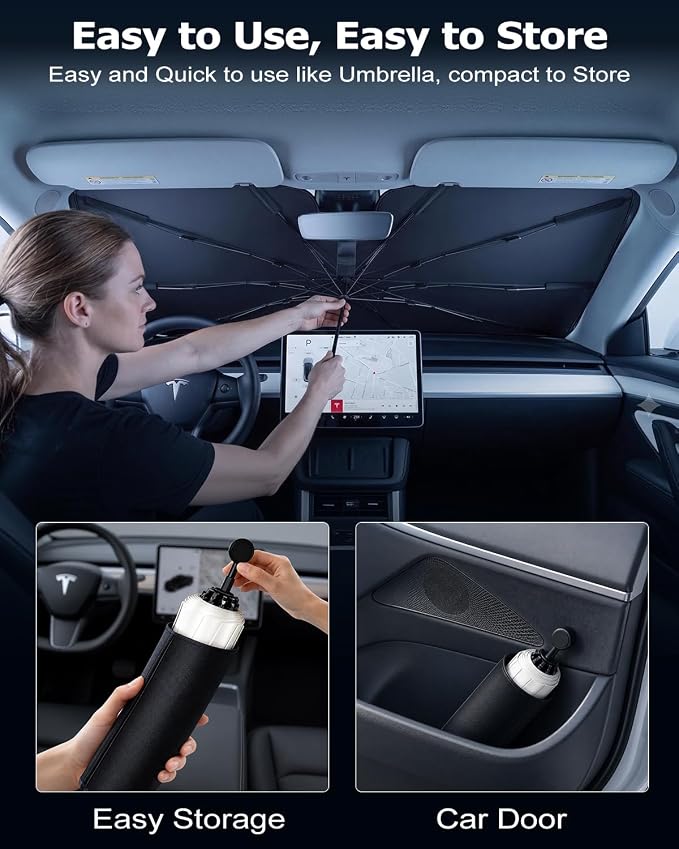 DMJN Umbrella Windshield Sun Shade for Car & SUV, Car Sunshade for Front Windshield [Nano Ice-Crystal Coatings] UPF50+ Heat & UV Block, Protect Interior & Keep Cooler Universal for Most of Sedan & SUV - Image 9