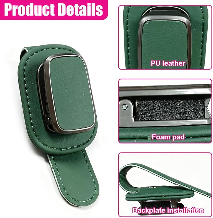 Car Sunglass Holder, Leather Car Sun Visor Eyeglasses Clip with Anti-Scratch Soft Padding, One-Handed Operation Auto Interior Glasses Organizer for Most Cars, Trucks, SUVs (Green) - Image 3
