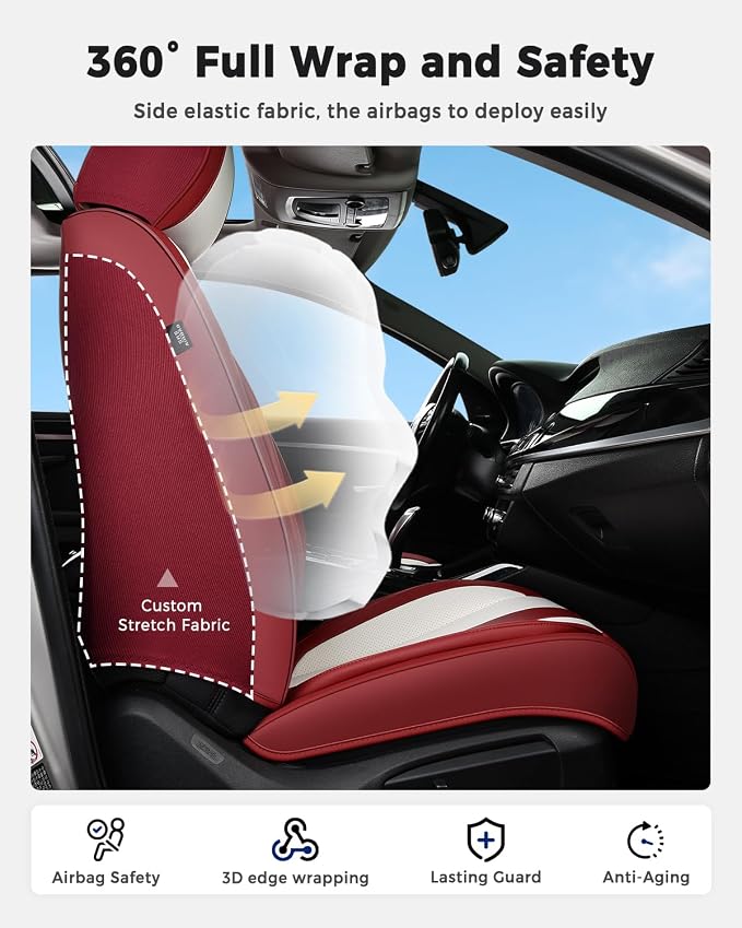 Huidasource Universal Car Seat Covers, Luxury Waterproof Faux Leather, Airbag Safe, Simple Installation, Stain Resistant, Ideal for Families and Pet Owners, Red & White - Image 4