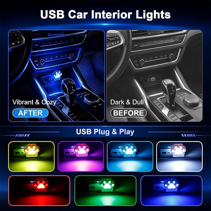 PIFOOG 2 Pcs Mini Car USB Night Light, Cat Paw RGB LED Interior Car Lights | 180° Foldable Dual-Sided Ambient Light, 7 Colors & Breathing, USB Decor Lamp for Car, Laptop & Bedroom, Gift for Cat Lovers - Image 2