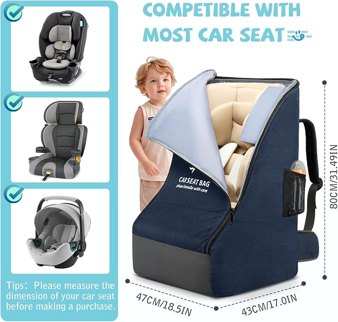 RAINSMORE Padded Car Seat Travel Bag for Airplane Car Seat Backpack, Blue | Fits Infant Carrier & Boosters, Heavy-Duty Car Seat Cover for Air Travel Gate Check Carrier Bags for Airport with Side Pocket - Image 2
