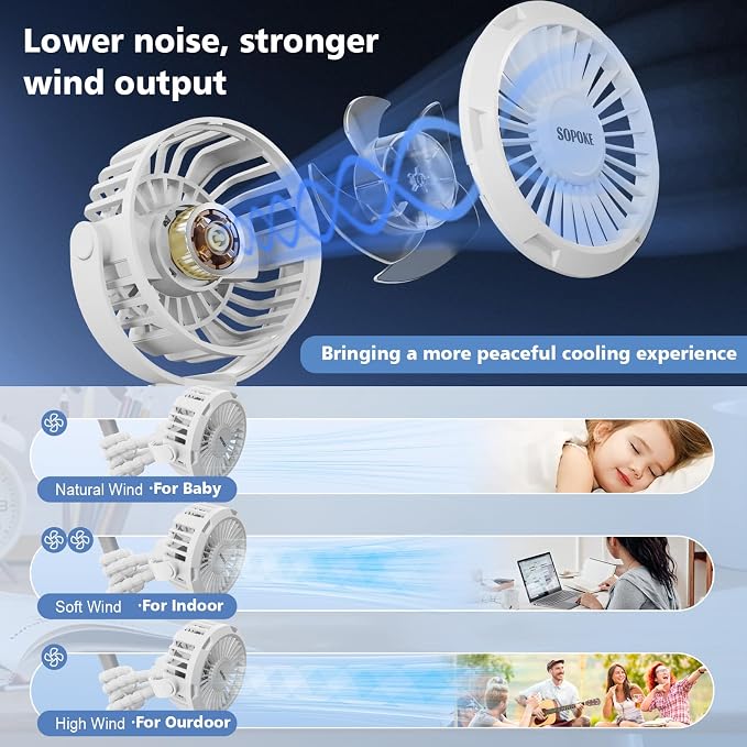 SOPOKE 3 Speed Mini Rechargeable Baby Stroller Fan, Blue | 360° Flexible Tripod, Handheld Design, for Car Seat Crib Treadmill Golf Cart Travel - Image 5