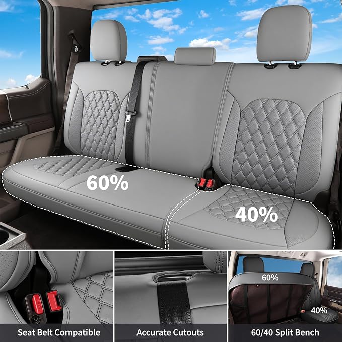 Huidasource Tacoma Front&Back Seat Covers, Gray Leather Car Seat Cushion Cover Accessories Fit for 2016-2023 Double & Crew Cab Toyota Tacoma SR SR5 Limited TRD Sport/Pro/Off Road(Full Set/Gray) - Image 3