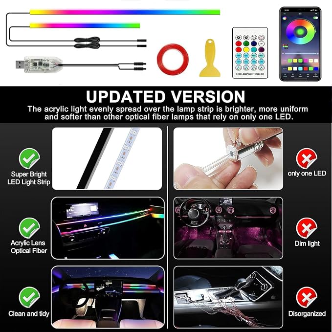 Ambient Lighting Car Led Lights Interior,57in USB Dreamcolor 2 in 1 Acrylic Neon Flexible Strip Fiber Optic LED Ambient Lighting Kits with Remote APP, RGB Music Lights Sync for Inside car Decorations - Image 7