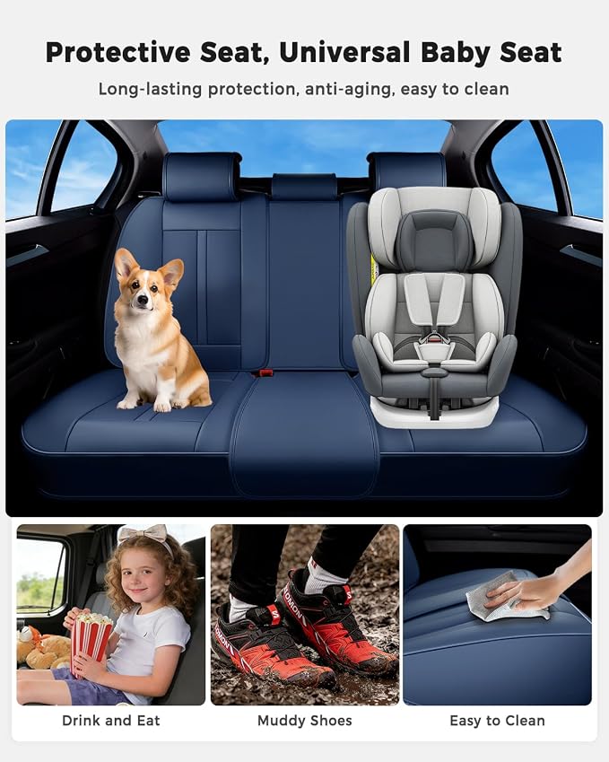 Huidasource Blue Back Seat Cover Luxury Nappa Leather, Rear Seat Cover with Velcro Adjustable, Ventilation Holes, Child Safety Seats, Back Seat Car Cover Universal Fit for Most Cars SUV Trucks, Blue - Image 4