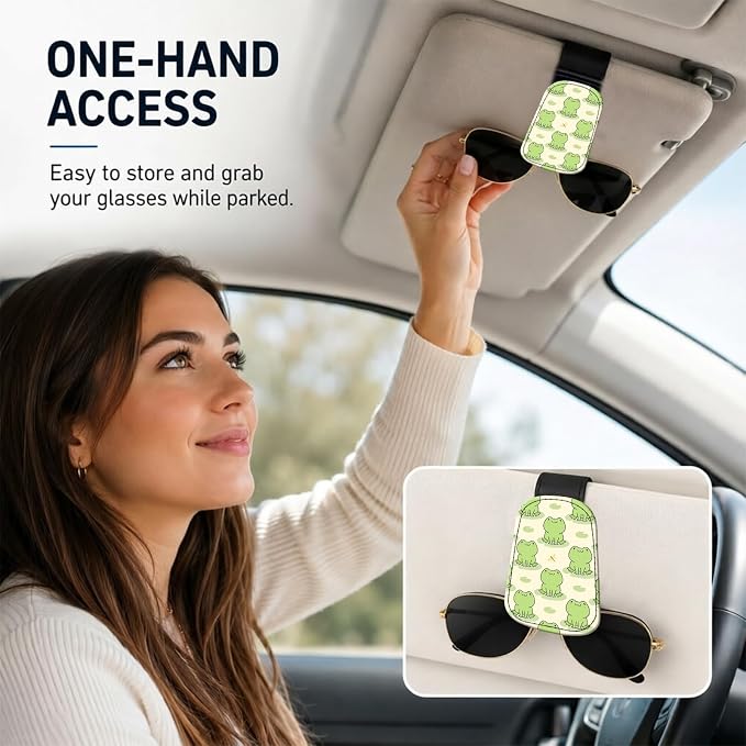 Leather Magnetic Sunglass Holder for Car Sun Visor, Cute Eyeglass Ticket Card Hanger Clip, Universal Auto Interior Accessories for SUV Pickup Truck, Kawaii Frog - Image 2