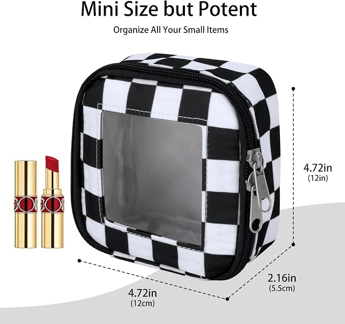 DOB SECHS Mini Checkered Bag for Purse 5.1'' x 5.1'' Small Makeup Bag for Car Cute Clear Cosmetic Bags with Zippers, Tiny Toiletry Bag Lipstick Pouch Organizer Case Travel Essentials Storage Pouches - Image 2