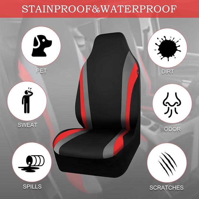 CAR PASS AquaShield Neoprene Waterproof Car Seat Covers Front Seats Only, High Back Bucket Seat Covers,Airbag Compatible,Seat Covers for Women Girl, Universal Fit for Auto Truck Van SUV (Black Red) - Image 4