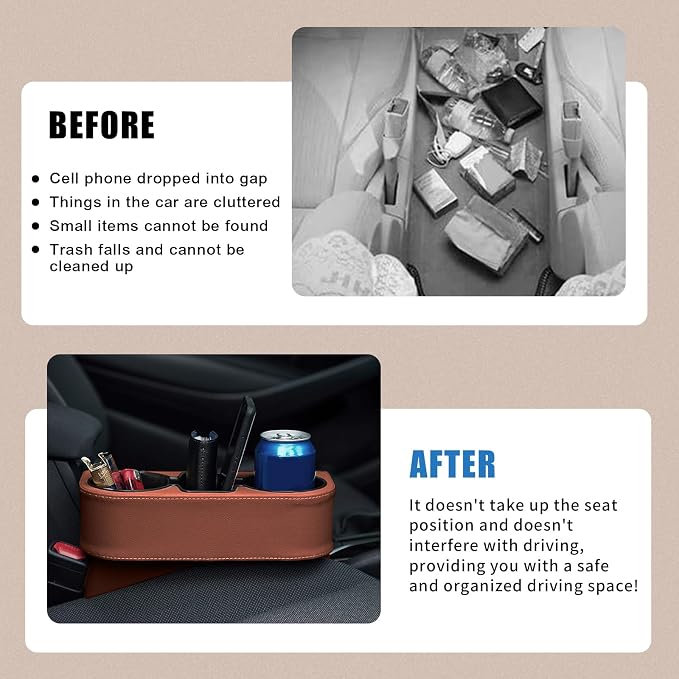 Car Cup Holder, PU Leather Auto Front Seat Organizer, Multifunctional Cup Drink Holders, Gap Filler Storage Box Coin Bucket Console Side Pocket Cell Mobile Phone Holder (Brown) - Image 4