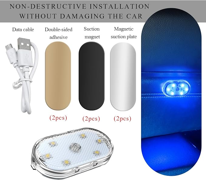 Wevdn 2 PCS Car LED Lights Interior Wireless, Sticky Car Ambient Lighting with 6 Bright LED Lamp Beads, Portable USB Rechargeable Vehicle Interior Led Night Light for Car (Blue) - Image 3