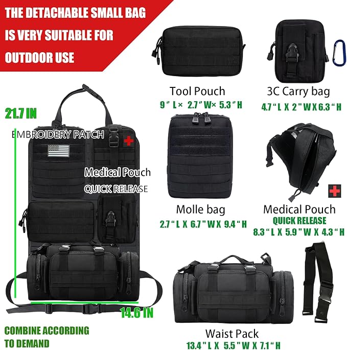 7 PACK Tactical Seat back organizer Truck organizer With 6 Detachable Pouches Universal For Car Truck Ford Jeep Military-Grade Heavier Panels With Multi-functional Packs (6 pack Black) - Image 2