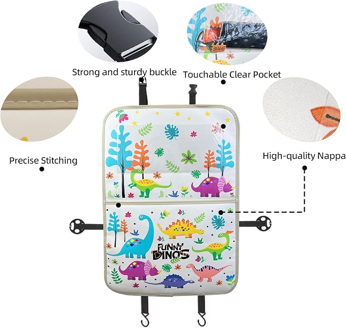 kids Leather Car Backseat Organizer with Foldable Table Tray, Car Storage Organizer with Tablet Holder, Car Seat Back Protectors Kick Mats, Travel Accessories (Dinosaur) - Image 4