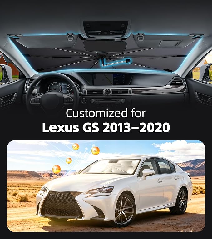 Windshield Sun Shade for Lexus GS 2013-2020 with 360° Rotating Shaft | Custom Fit Umbrella Sunshade for UV Blocking, Interior Heat Protection, Easy Storage, UPF 50+ Cool Windshield Cover - Image 2
