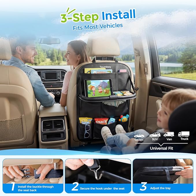 Tsumbay Car Backseat Organizer with Tablet Holder,9 Storage Pockets Foldable Table Tray Seat Back Protectors Kick Mats -PU Leather 1Pck - Image 6