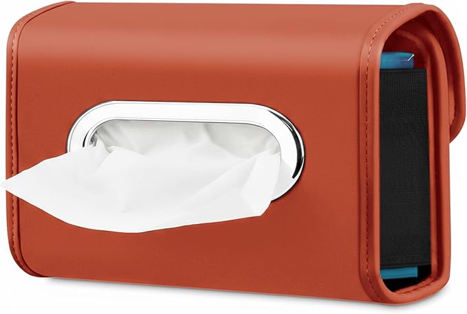 Lucrum Extra Large Car Tissue Holder - PU Leather Tissue Box Cover | Fits Regular Size Napkins Box - PU Leather Car Tissue Holder for Seat Back, Sun Visor & Console - Chestnut Brown by Lucrum