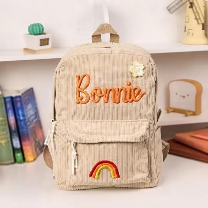 Custom Corduroy Backpack with Personalized Woven Name, Vintage Casual Daypack, Adjustable Strap Backpack for Commute Travel & Campus - Image 4