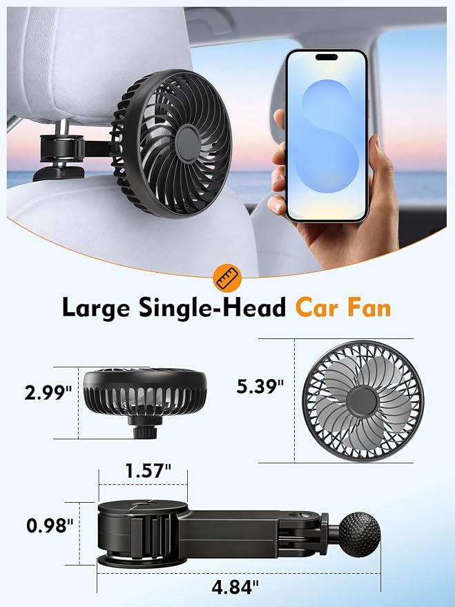 USB Portable Backseat Car Fan for Kids,with 3 Speeds Brushless Motor | 360°Rotatable,5V/1A,Ultra Quiet,Headrest Mount Auto Fan for Vans,Trucks,SUVs,RVs,No Battery(Headrest Buckle) - Image 4
