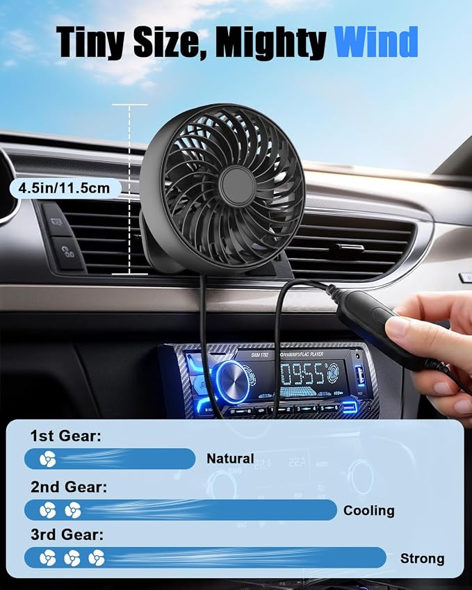 USB Car Vent Fan, 3-Speed Quiet Brushless Hook Mount Air Circulator | 5V 360°rotatable clip-on fans,mini soft airflow for driver, fits car/truck/SUV/Van/RV, plug in auto fan non-rechargeable - Image 5