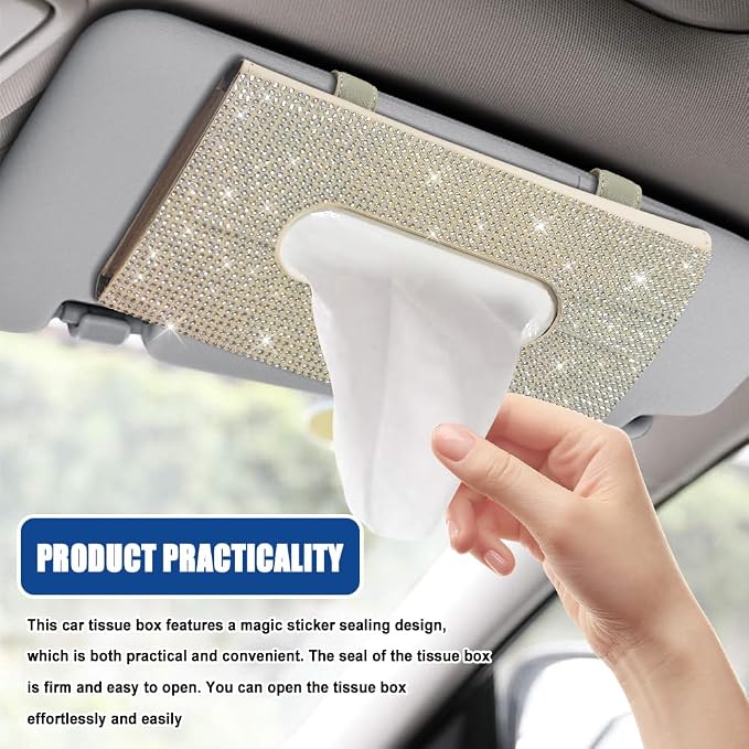 Bling Car Sun Visor Tissue Box Holder, Visor Accessories, Rhinestone PU Leather Crystal Sparkling Napkin Holder, Auto Sun Visor Paper Towel Cover Case Accessories for Most Cars (Beige+White) - Image 4