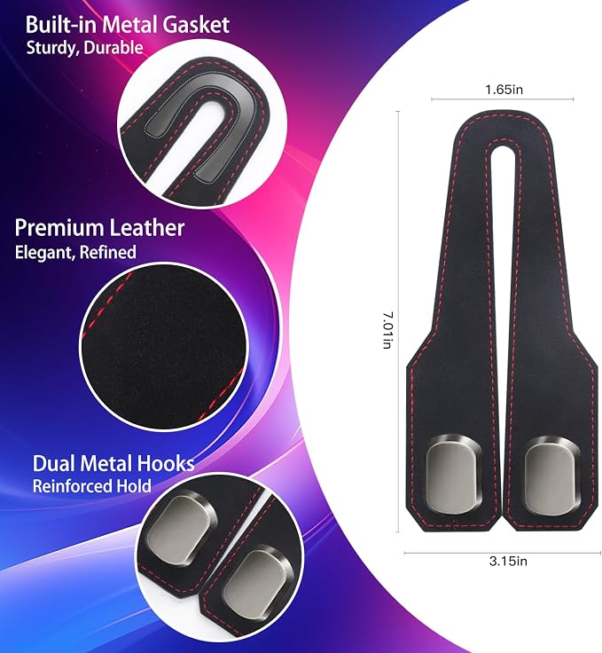4 Pack Car Headrest Hooks, Dual Metal Hooks, Stylish Black | Premium leather with dual metal hooks and anti-drop design. Holds purses, bags, coats, and groceries securely. - Image 7