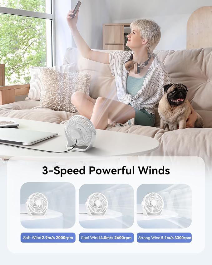 Edvision USB Desk Fan, 5 Inch Small Portable, 3 Speeds Powerful Wind Mini Personal Desktop Fan 360° Rotation Adjustable, Plug In USB Fan Quiet for Table Home Office Travel Car(White) - Image 4
