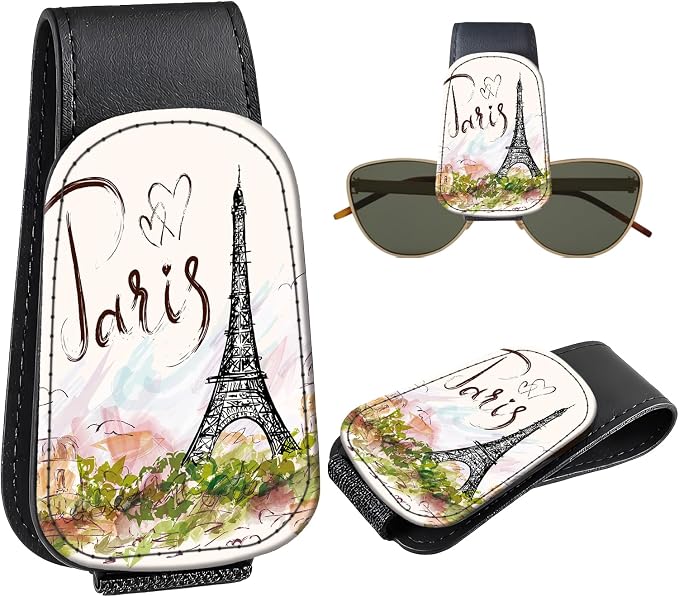 Leather Magnetic Sunglass Holder for Car Sun Visor, Cute Eyeglass Ticket Card Hanger Clip, Universal Auto Interior Accessories for SUV Pickup Truck, Paris Tower by Unknown