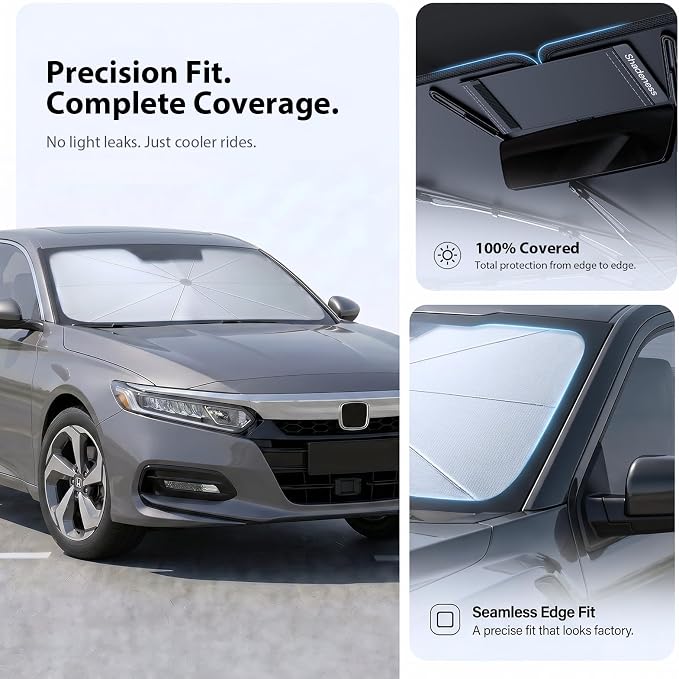 2026 Upgraded Windshield Sun Shade Umbrella for Honda Accord [Precision Custom Fit, Superior UV & Heat Block] Cooling Tech Fabric, Durable Foldable with Storage Bag, Fits 2000-2026 - Image 6