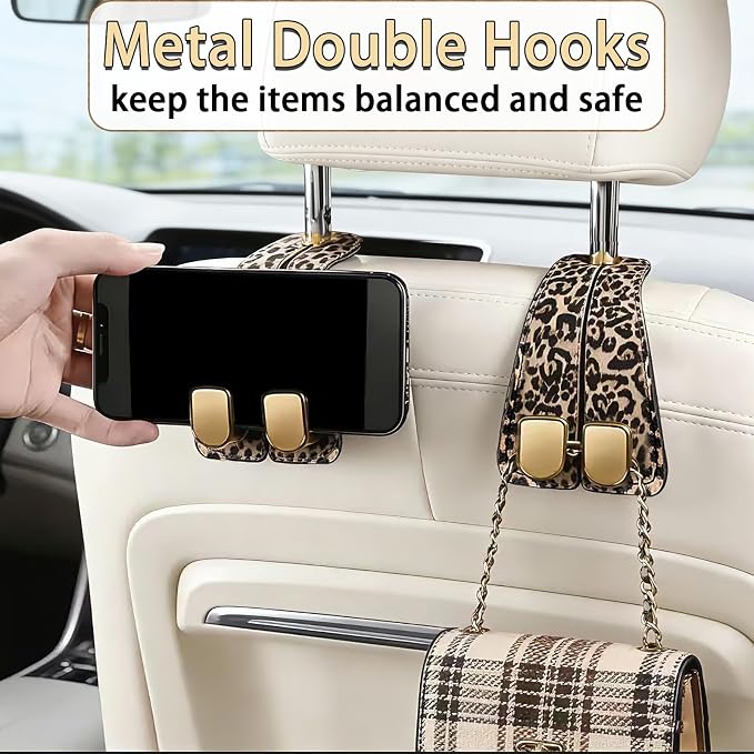 Car Hooks for Headrest: 2Pack Car Headrest Hook with Premium Leopard Leather - Double Metal Hooks - Purse Hook For Car - Car Headrest Hooks - Car Hooks for Purses, Handbags, Bags - Leopard - Image 4