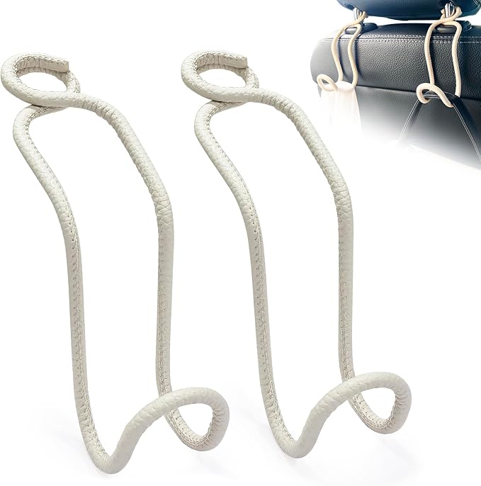 Purse Hooks for Car - 2 Pack Back Seat Storage Holder - Beige Leather/2L | Universal Car Headrest Hanger with Anti-Drop Lock Loop for Hat Bag Grocery Handbag Coat Must Have Stuff for Vehicle Truck SUV by Idefair