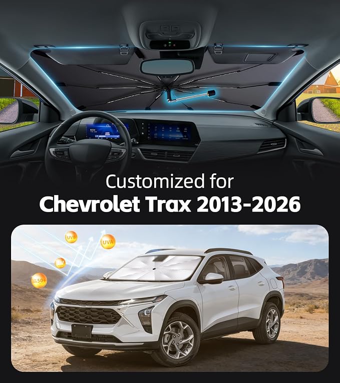 Windshield Sun Shade for Chevy Trax 2013-2026 with 360° Rotating Shaft | Custom Fit Umbrella Sunshade for UV Blocking, Interior Heat Protection, Easy Storage, UPF 50+ Cool Windshield Cover - Image 2