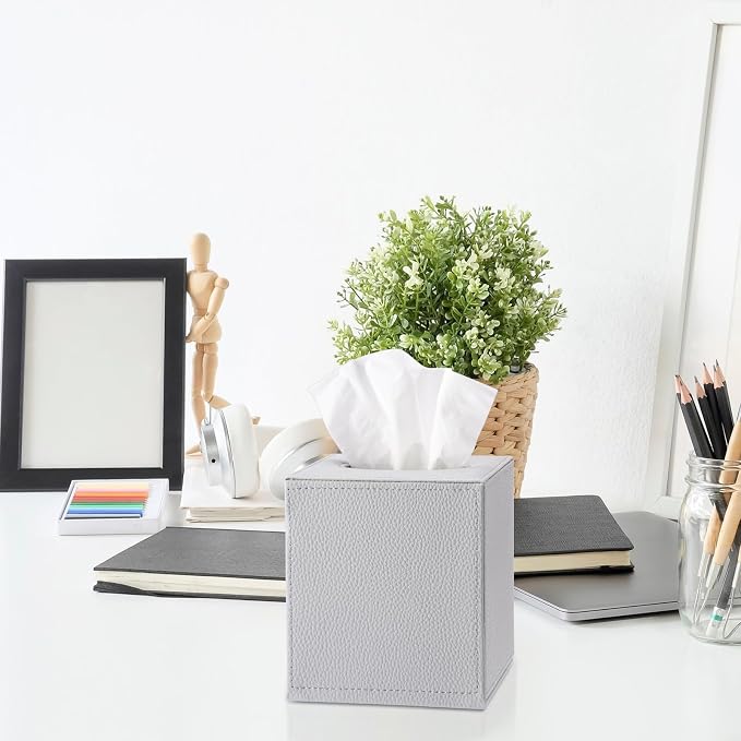 Sumnacon Tissue Box Cover Square,Magnetic Bottom PU Tissue Box Holder,Grey | Stylish Cube Leather Tissue Cover,Lychee Pattern,Decorative Tissue Box Covers for Living Room Bathroom Table Desk Office Car - Image 2