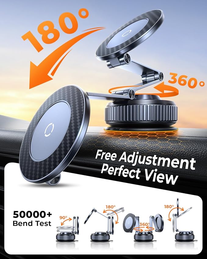 Vacuum Magnetic Car Phone Holder for Magsafe, Long Arm for Tesla Model Y/3 | All Metal, Nano Gel 119+LBS Max Suction,Foldable Hidden Tesla Phone Mount,360°Rotation,Easiest Car Mount for iPhone & Android - Image 6