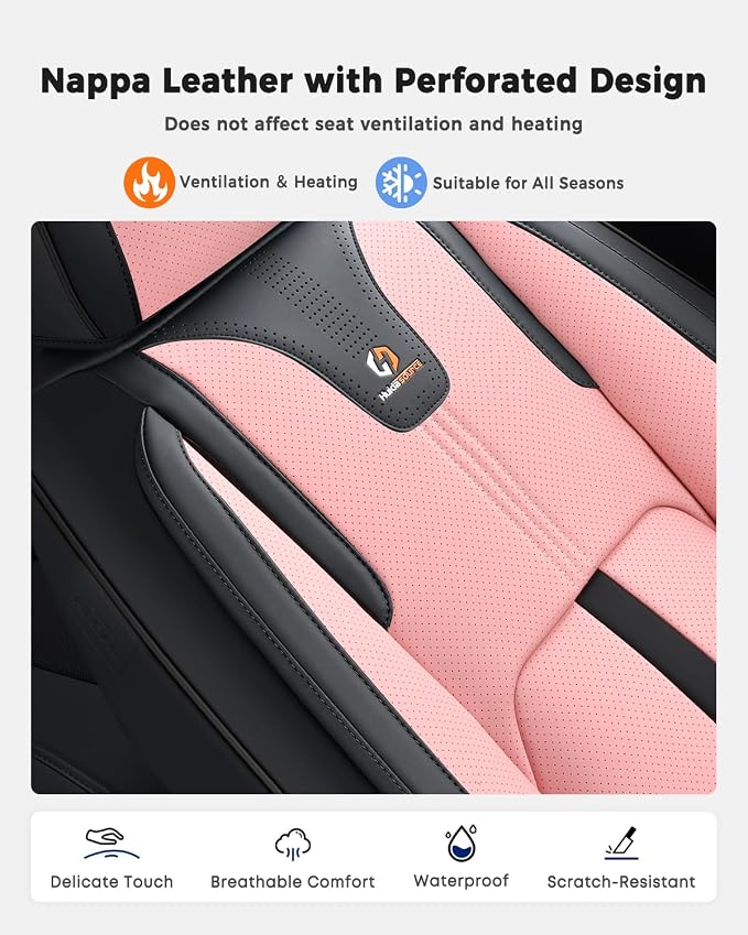 Huidasource Car Seat Covers Front Seats Luxury Nappa Leather, Front Seat Covers with Airbag, Front Storage Pocket, Lumbar Support, Cooling＆Heating, Universal Fit for Most Cars SUV Trucks, Black&Pink - Image 5