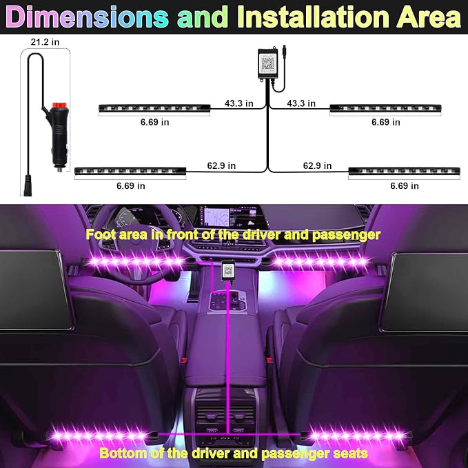 BFXM Car Interior Lights, LED Lights Strip with Cigarette Lighter Adapter | LED Lights for Car, Car Ambient Lighting, App & Remote Control Music Sync Color Change Lights for Truck Car Decor - Image 3
