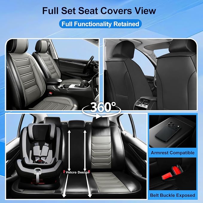 Fit Wrangler 4-Door Seat Covers Fit for Jeep Wrangler 2007-2025, Full Set | Premium Leather Full Coverage Protectors, Waterproof, Breathable, Scratch Resistant, Easy Wipe, Airbag Compatible, Black+Gray - Image 2